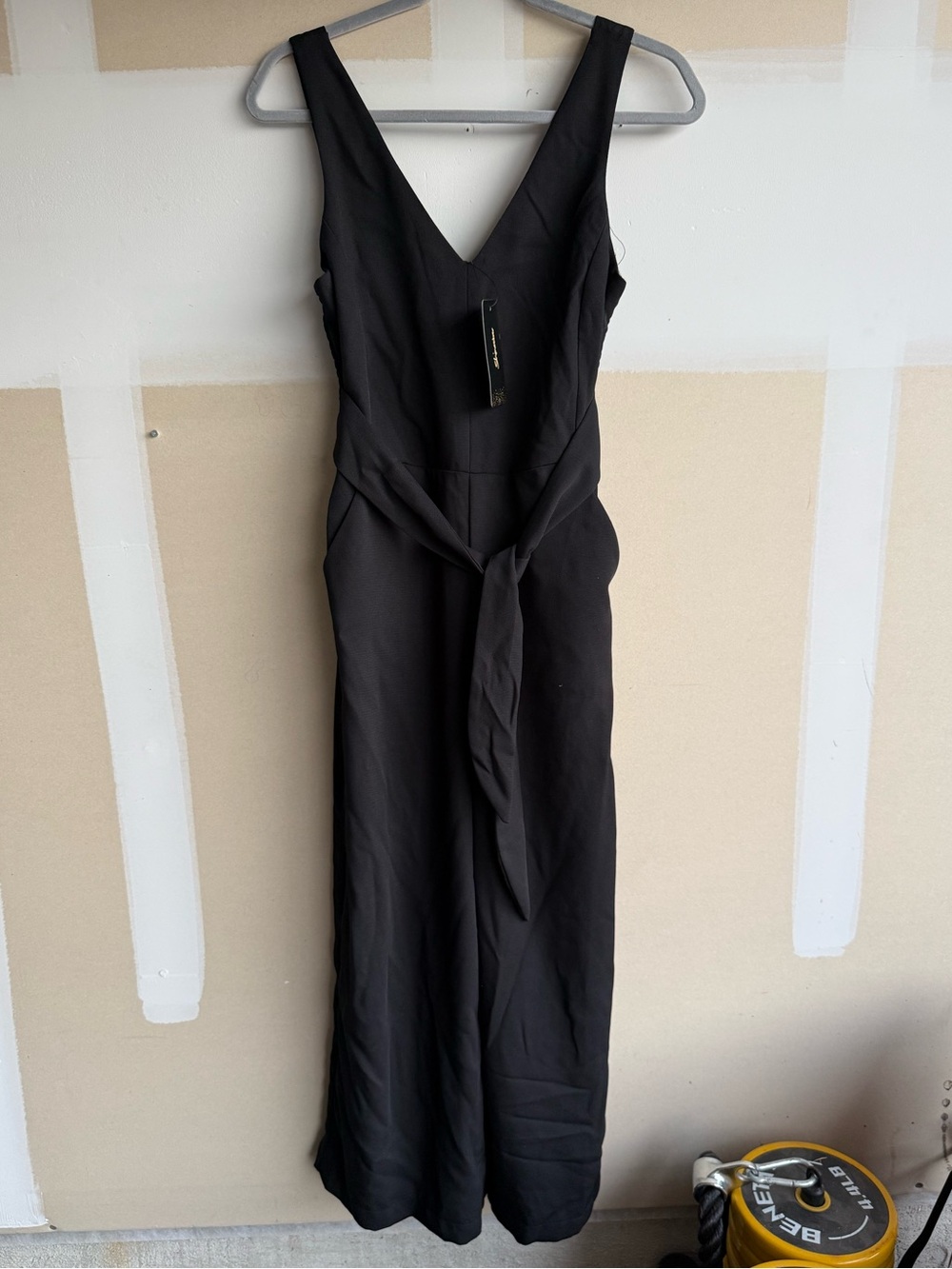Shinestar Black Strapless V-Neck Jumpsuit with Waist Tie Belt